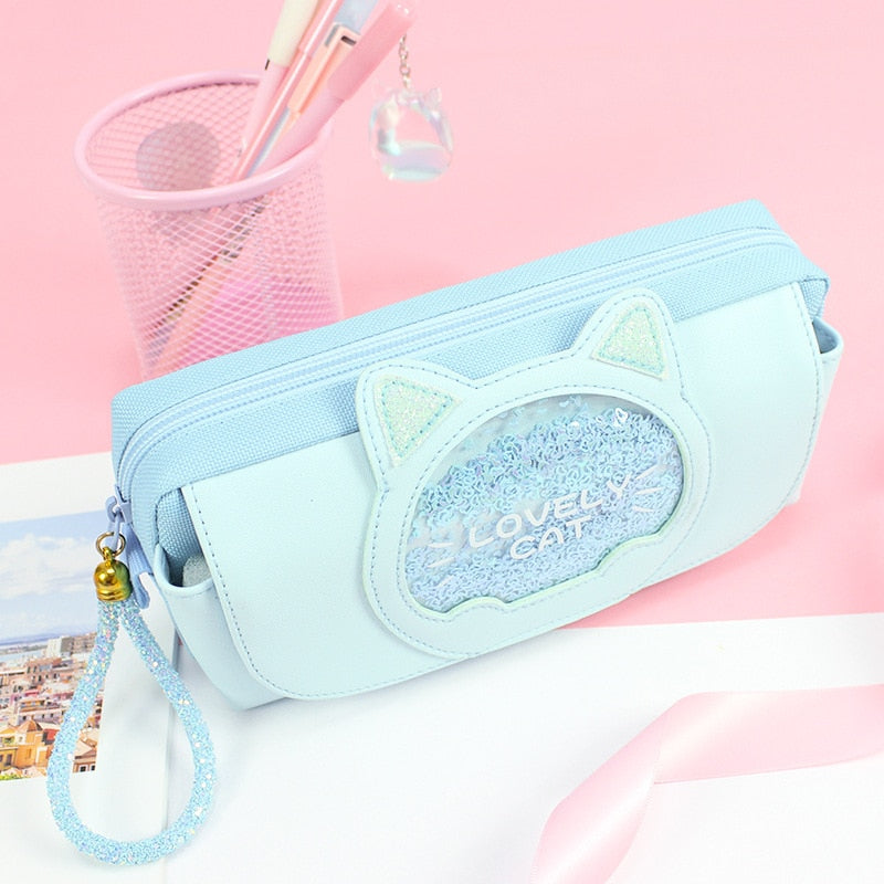 Lovely Cat Pencil Case Cute Cartoon Quicksand Pen Bag Three Layers Large Capacity Girls Student School Stationery Holders
