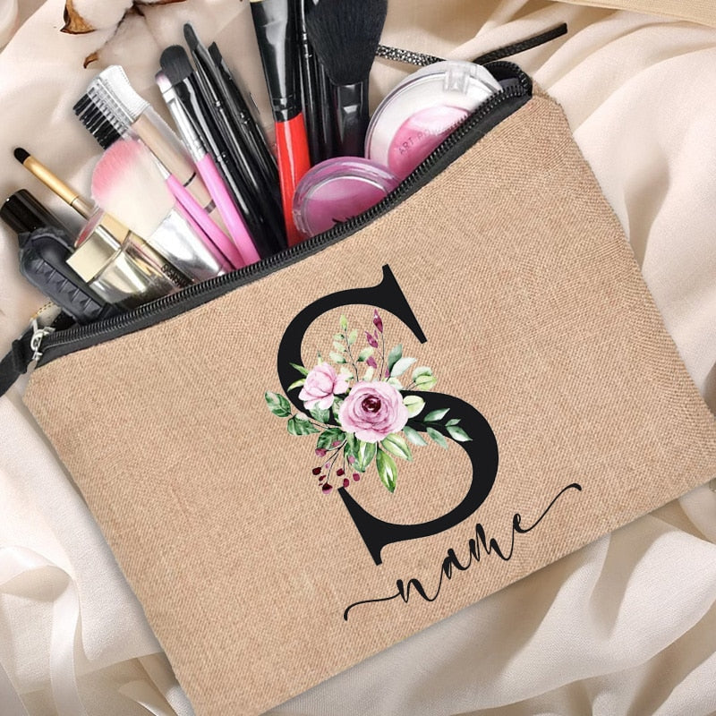 Customized Personalized Name Linen Cosmetic Bag Bridesmaid Bachelor Party Lipstick Bag