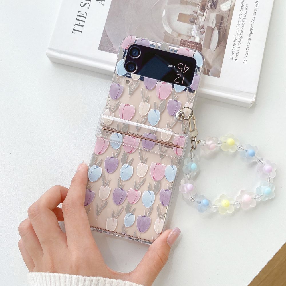 Floral Transparent Folding Phone Case with Bracelet ZFlip3 4 5 Shockproof Hard Back cover