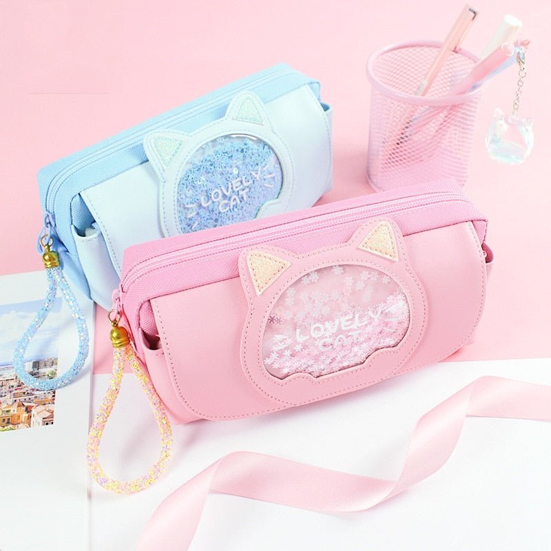 Lovely Cat Pencil Case Cute Cartoon Quicksand Pen Bag Three Layers Large Capacity Girls Student School Stationery Holders