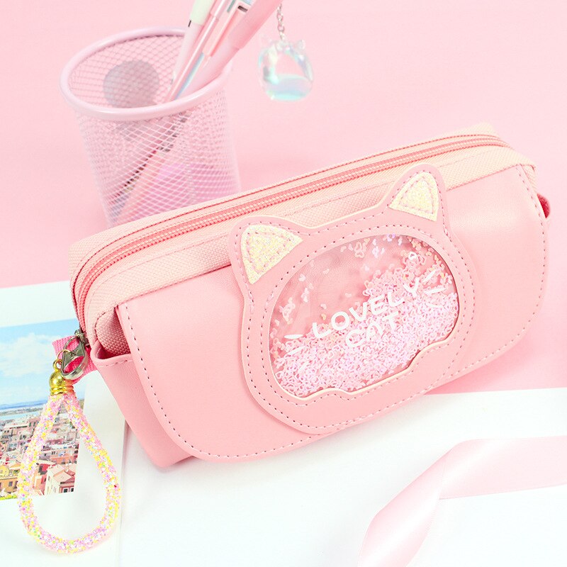 Lovely Cat Pencil Case Cute Cartoon Quicksand Pen Bag Three Layers Large Capacity Girls Student School Stationery Holders