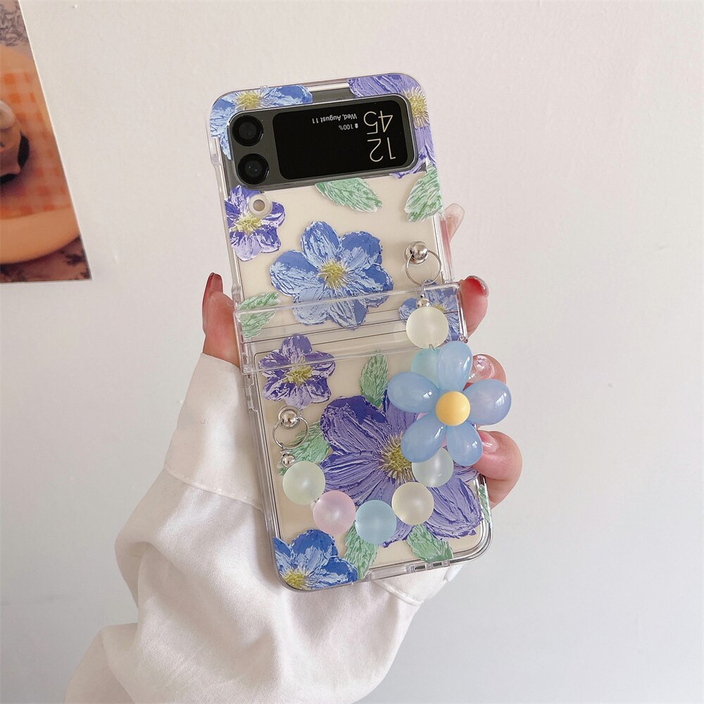 Cute Cartoon Smile Flower Wrist Chain Case For ZFlip 3-5 Bracket Pearl Bracelet Cover
