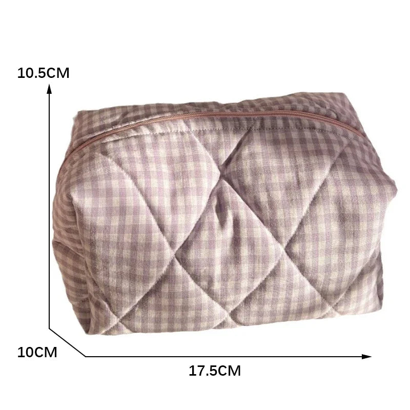 Fashion Checkered Floral Makeup Bag Large Capacity Portable Cosmetic Storage Bag Cotton Quilted Wash Bag Skincare Pouch