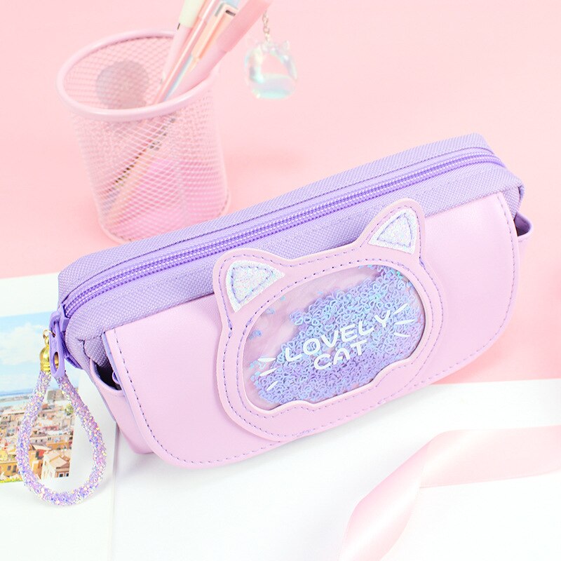Lovely Cat Pencil Case Cute Cartoon Quicksand Pen Bag Three Layers Large Capacity Girls Student School Stationery Holders