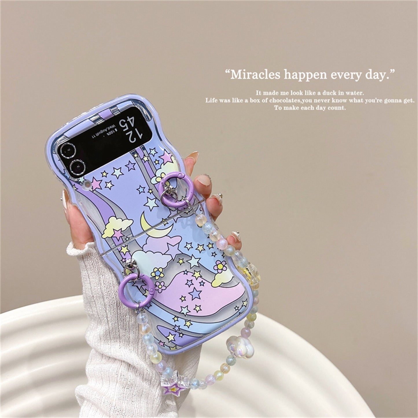Korean Cute Star Moon Cloud Flower Beards Chain Samsung Galaxy Z Flip 3 4 5G Case
