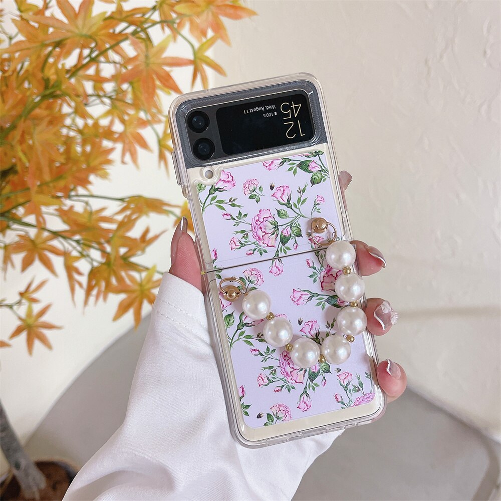 Cute Cartoon Smile Flower Wrist Chain Case For ZFlip 3-5 Bracket Pearl Bracelet Cover