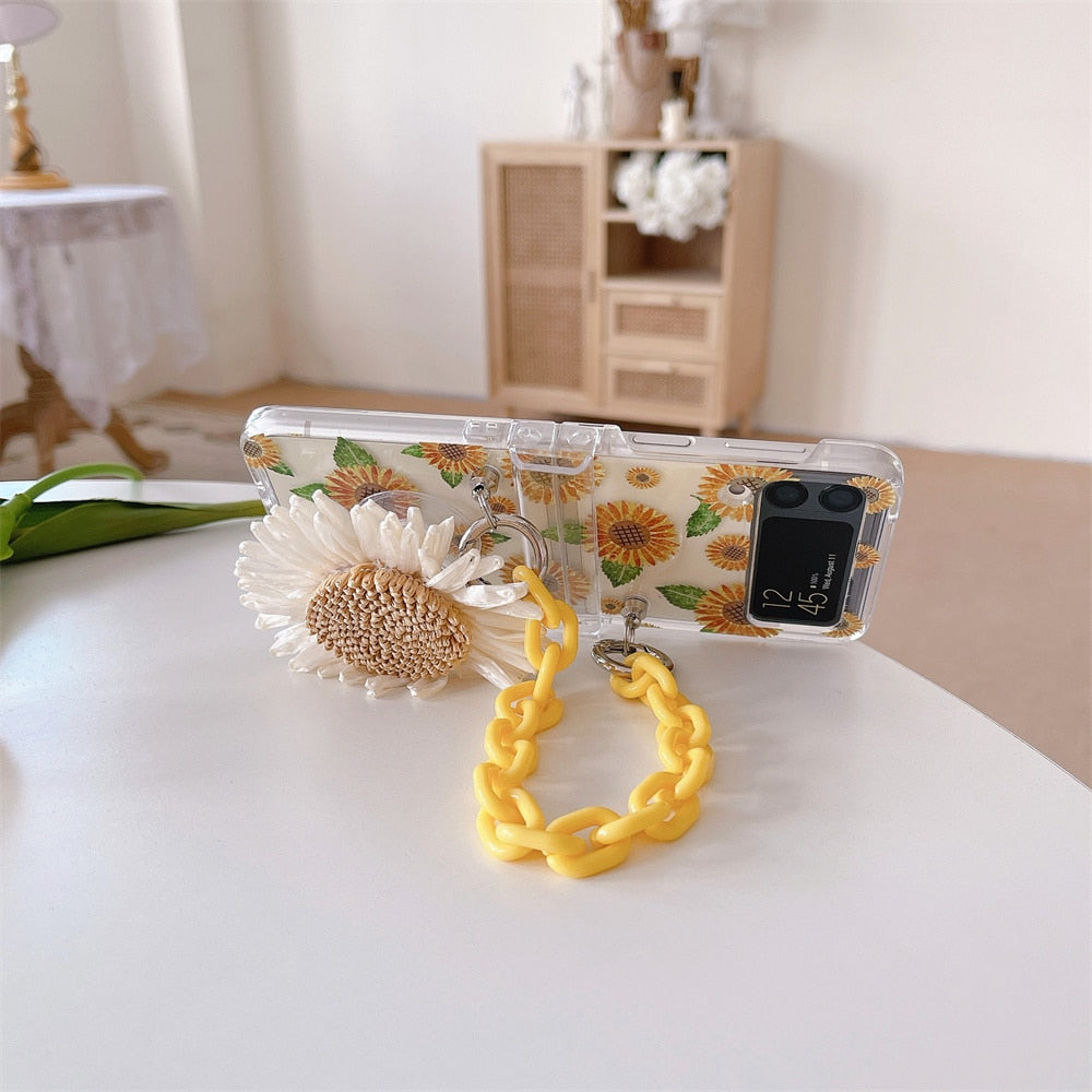 Cute Cartoon Smile Flower Wrist Chain Case For ZFlip 3-5 Bracket Pearl Bracelet Cover