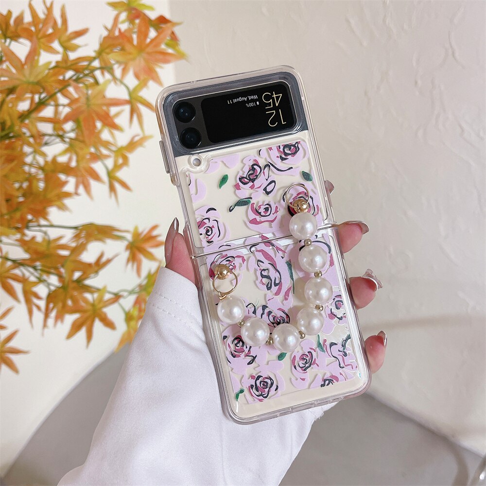 Cute Cartoon Smile Flower Wrist Chain Case For ZFlip 3-5 Bracket Pearl Bracelet Cover