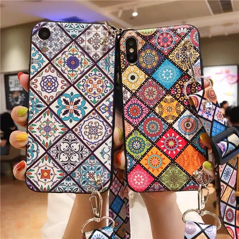 Bohemia Style Crossbody Lanyard Vintage Soft Back Phone Cover for iPhone 14-6 Case