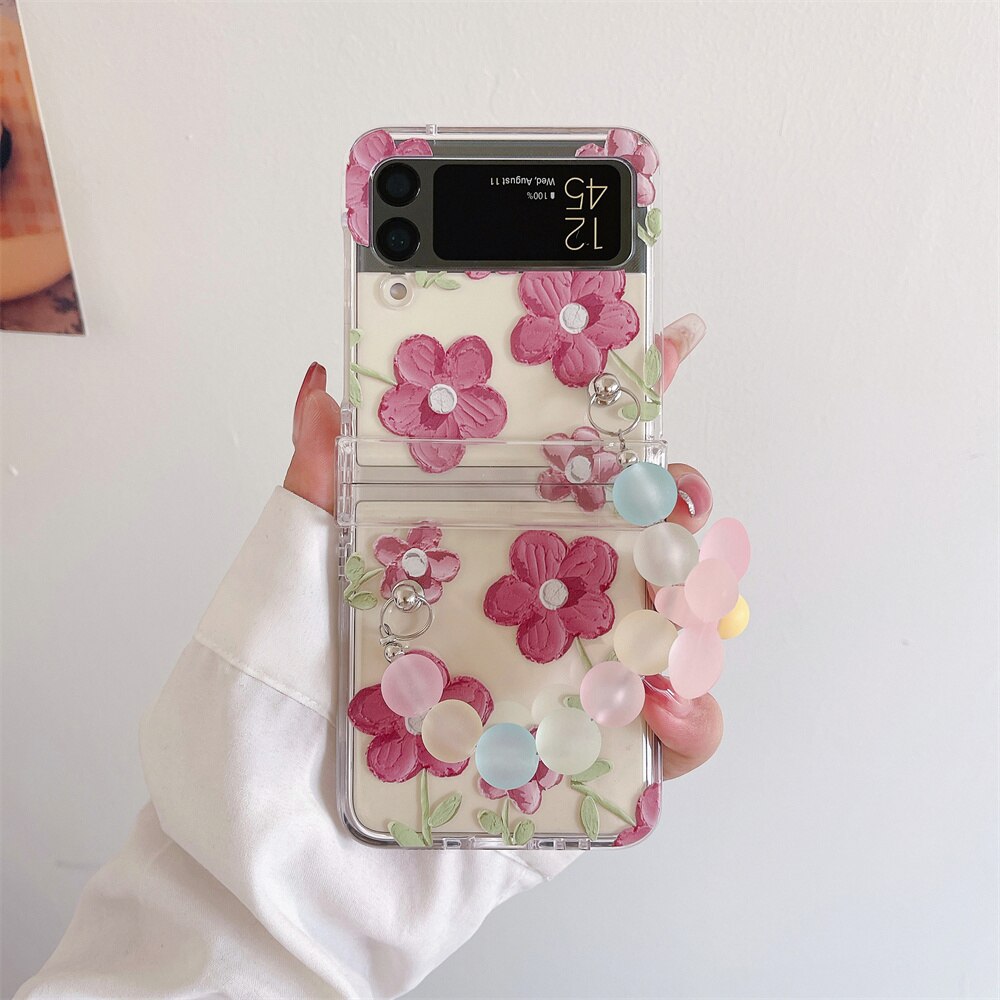 Cute Cartoon Smile Flower Wrist Chain Case For ZFlip 3-5 Bracket Pearl Bracelet Cover