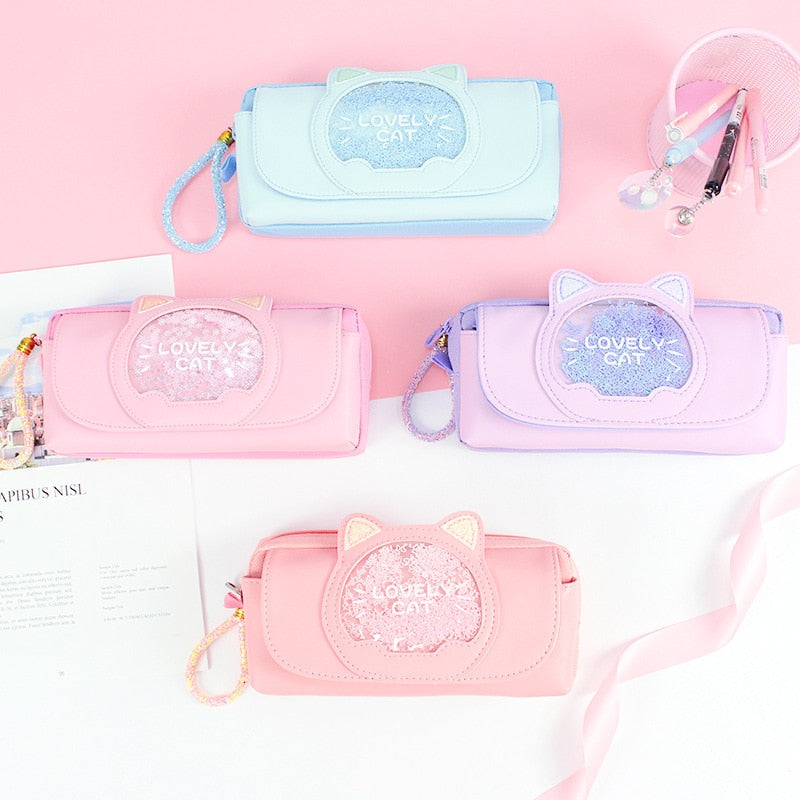 Lovely Cat Pencil Case Cute Cartoon Quicksand Pen Bag Three Layers Large Capacity Girls Student School Stationery Holders
