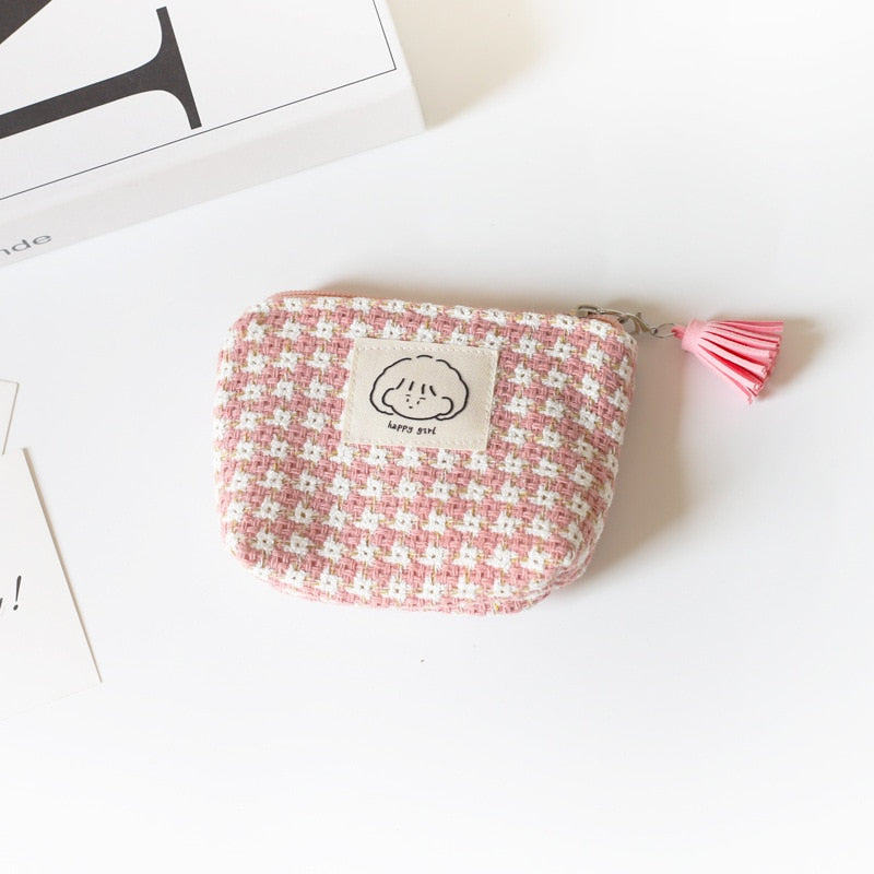 Mini Portable Plaid Coin Bags Money Wallet Purse Earphone Lipstick Data Line Storage Bags ID Card Bank Card Holder Clutch Pouch