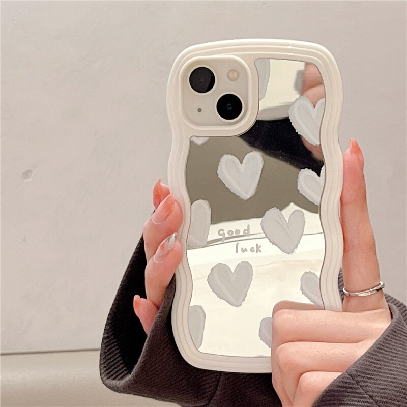 Korean Lovely White Heart Makeup Mirror Case For iPhone 14 Pro Max 13 11 12 14 Plus XS X XR