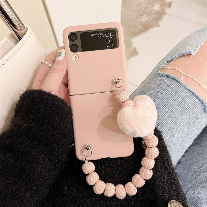 Solid Samsung Galaxy Z Flip 3 4 Hard Cover Cute Plush Love Heart Chain Cases