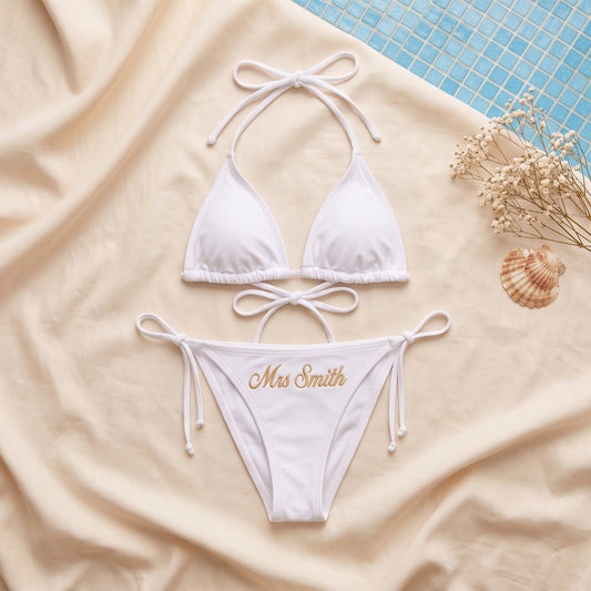 Personalised embroidered bikini set - White with Mrs Smith on bikini bottoms in gold cursive | SweetCarry