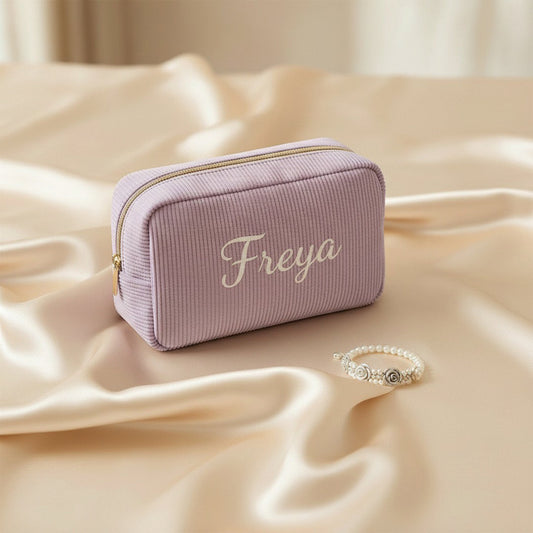 Personalised Embroidery Corduroy Makeup Bag — Custom Name Cosmetic Bag Gift for Her