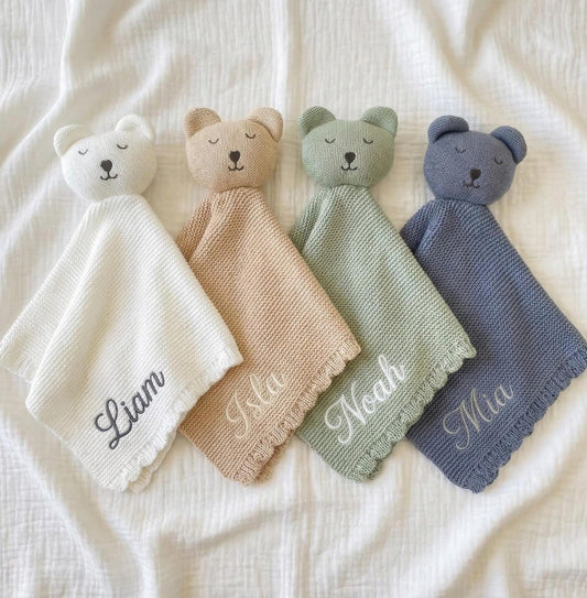 Personalised Knit Bear Lovey - 4 colours with embroidered names | SweetCarry