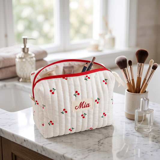 Personalised Quilted Cherry Makeup Bag — Custom Name | Gift for Her