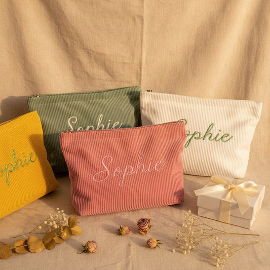Personalised Wide Corduroy Makeup Bag — Custom Name Embroidery Cosmetic Bag | 12 Colours