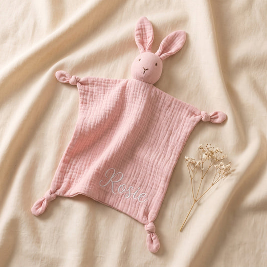 Personalised Bunny Lovey - Grey muslin with name in black cursive | SweetCarry