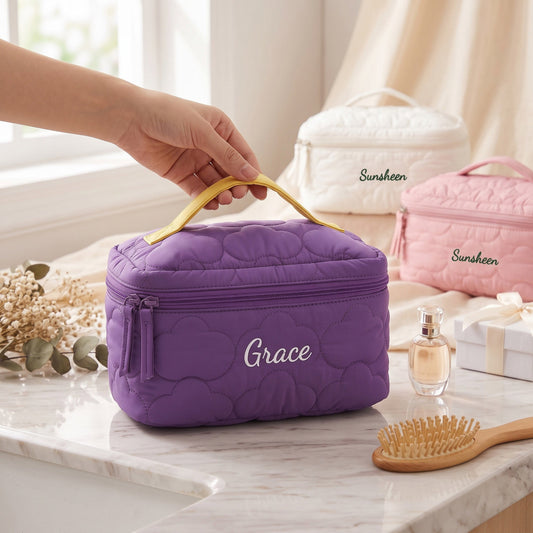 Personalised Quilted Puffer Makeup Bag — Custom Name Cosmetic Bag | Gift for Her