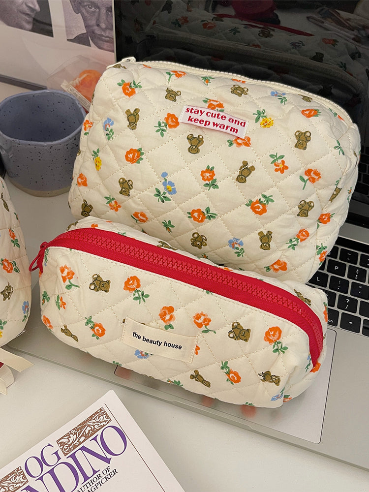 Cute Bear White Red Floral Quilted cotton Cosmetic Organizer, Cute pencil case