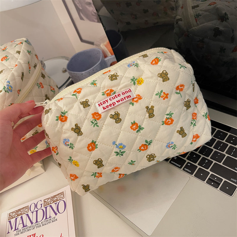 Cute Bear White Red Floral Quilted cotton Cosmetic Organizer, Cute pencil case