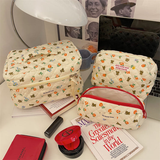 Cute Bear White Red Floral Quilted cotton Cosmetic Organizer, Cute pencil case