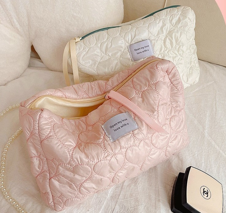 Cute Pink White Love Hearts Soft Quilted cotton Bridesmaid Makeup Bag, Large Capacity Makeup Bag