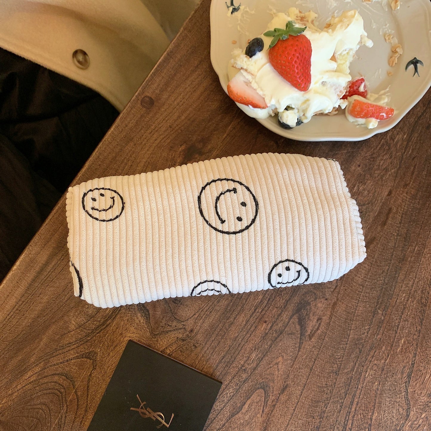Cute Smiley Face Classic Dots Corduroy Makeup Bag, Cosmetic Organizer, Makeup Toiletry Organizer, Travel Pouch, Cute Pencil Case