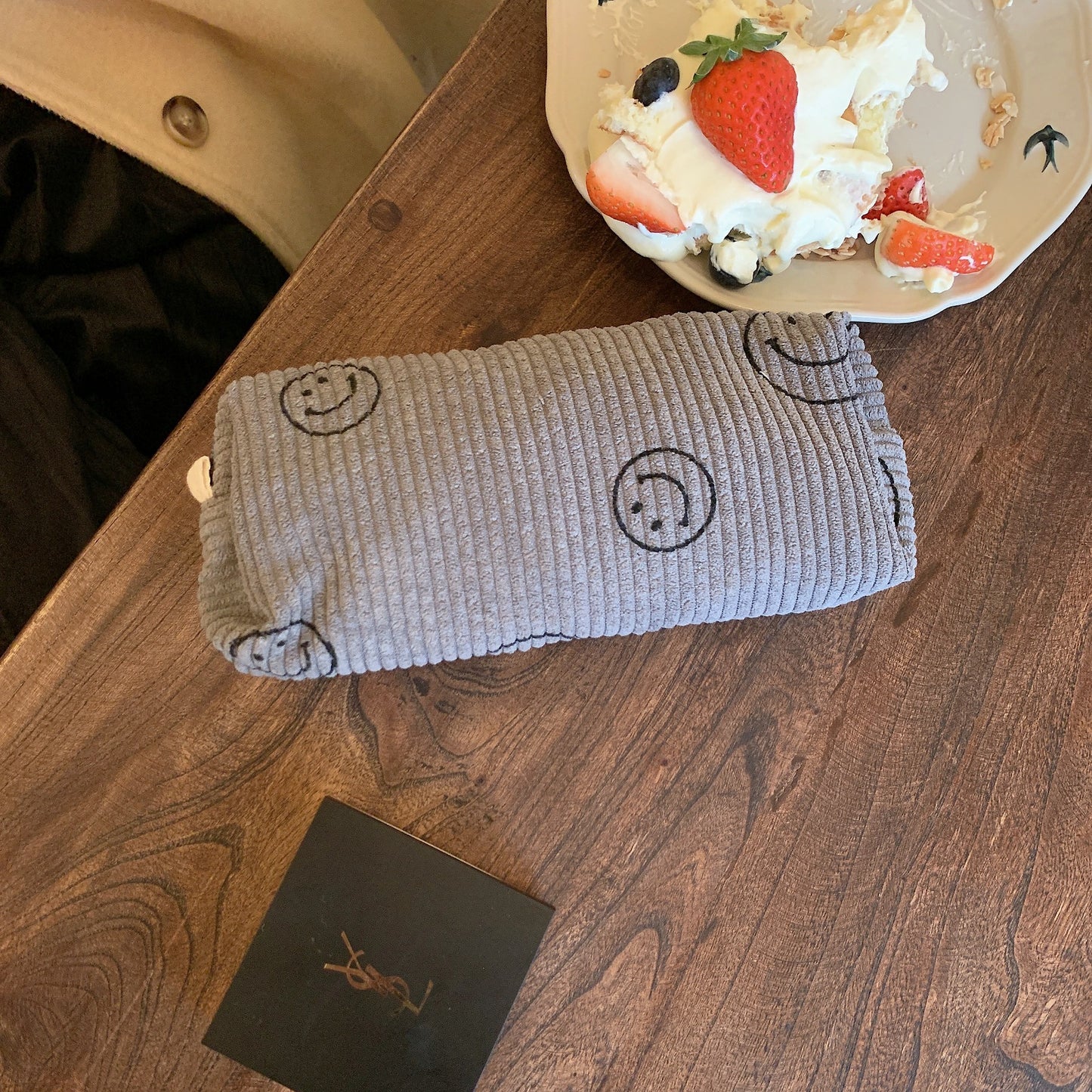 Cute Smiley Face Classic Dots Corduroy Makeup Bag, Cosmetic Organizer, Makeup Toiletry Organizer, Travel Pouch, Cute Pencil Case