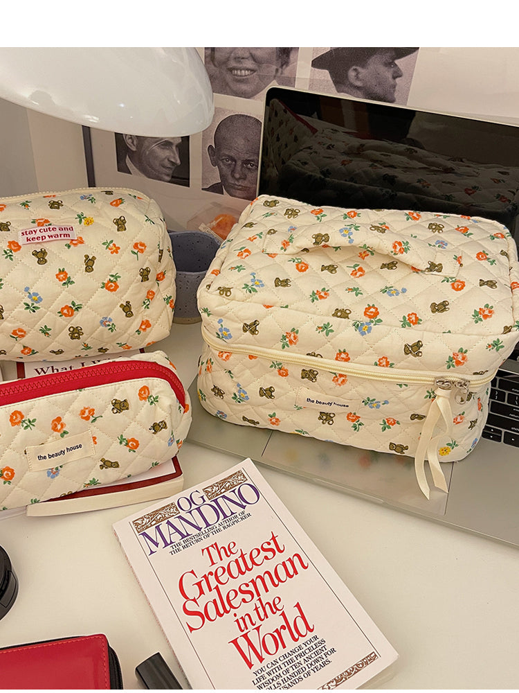 Cute Bear White Red Floral Quilted cotton Cosmetic Organizer, Cute pencil case