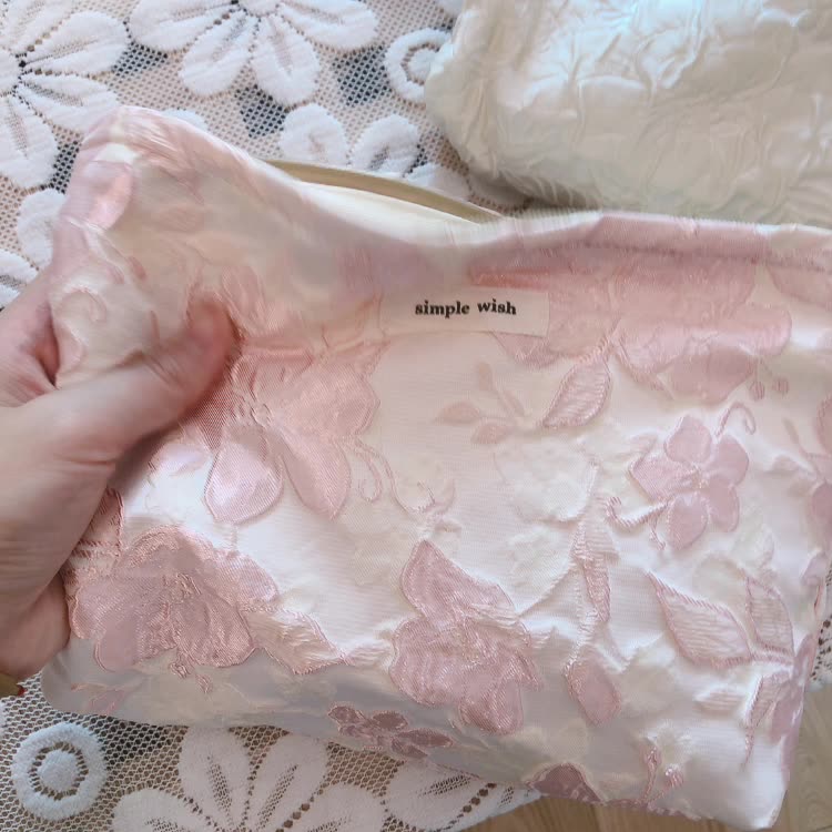 Classic Elegant Pink White Floral Jacquard Makeup Bag, Cosmetic Bag, Makeup Brush Bag
