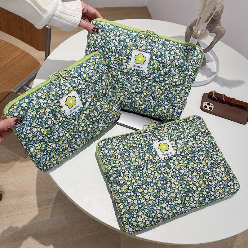 Quilted Cute Pink Green Floral Plaid iPad Bag,Laptop Sleeve,Laptop Bag
