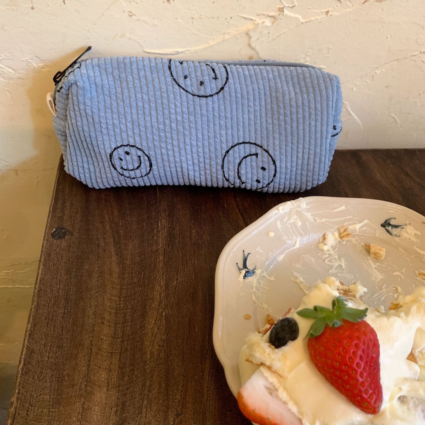 Cute Smiley Face Classic Dots Corduroy Makeup Bag, Cosmetic Organizer, Makeup Toiletry Organizer, Travel Pouch, Cute Pencil Case