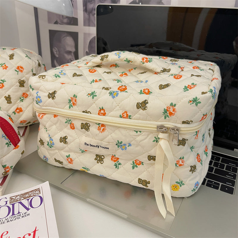 Cute Bear White Red Floral Quilted cotton Cosmetic Organizer, Cute pencil case