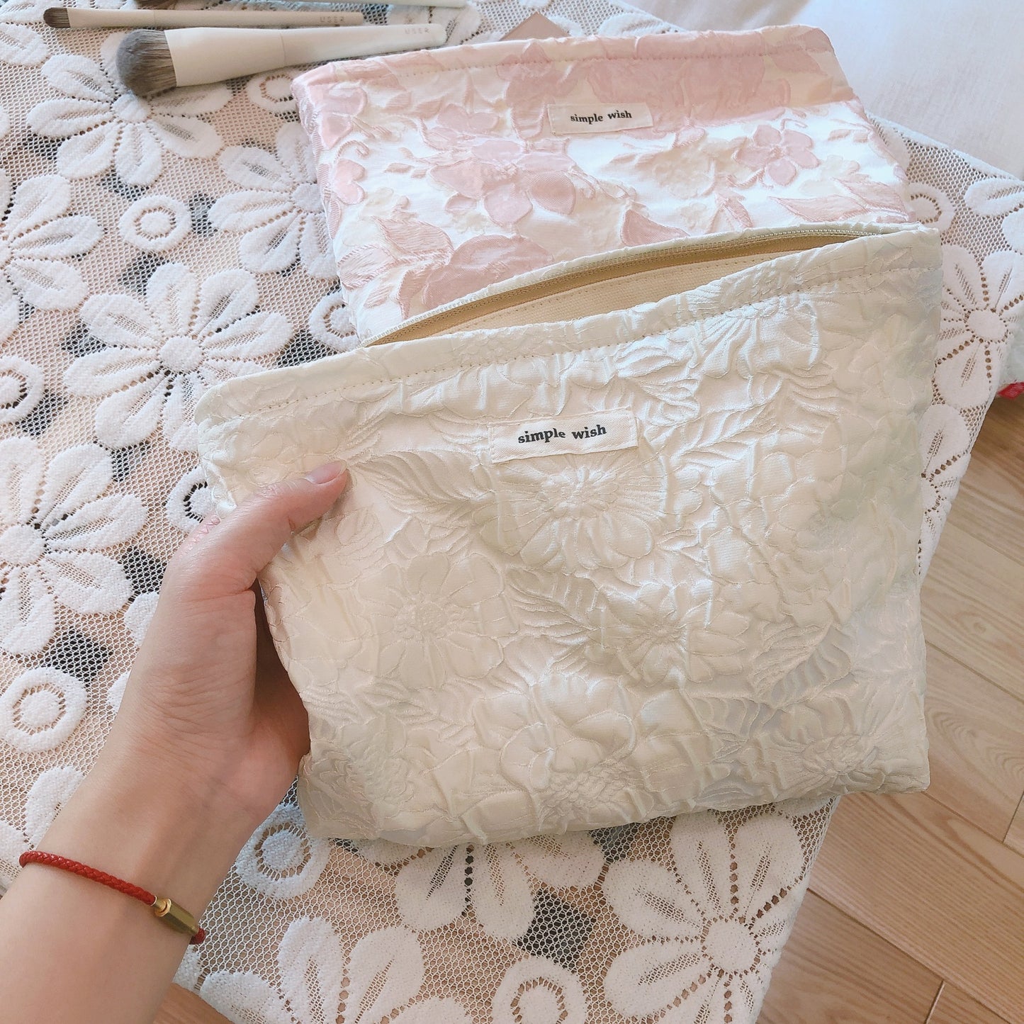 Classic Elegant Pink White Floral Jacquard Makeup Bag, Cosmetic Bag, Makeup Brush Bag