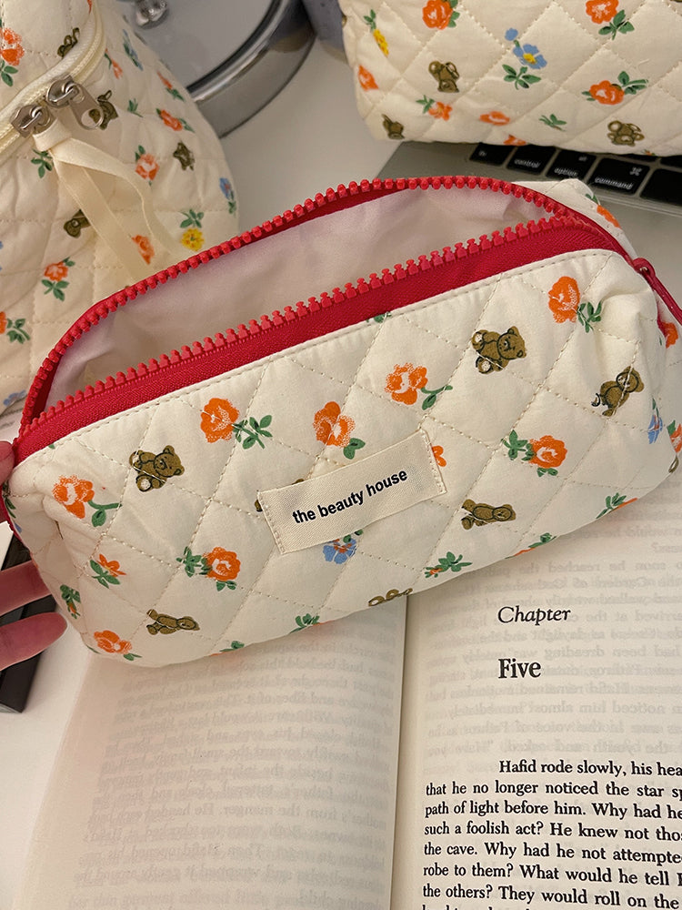 Cute Bear White Red Floral Quilted cotton Cosmetic Organizer, Cute pencil case