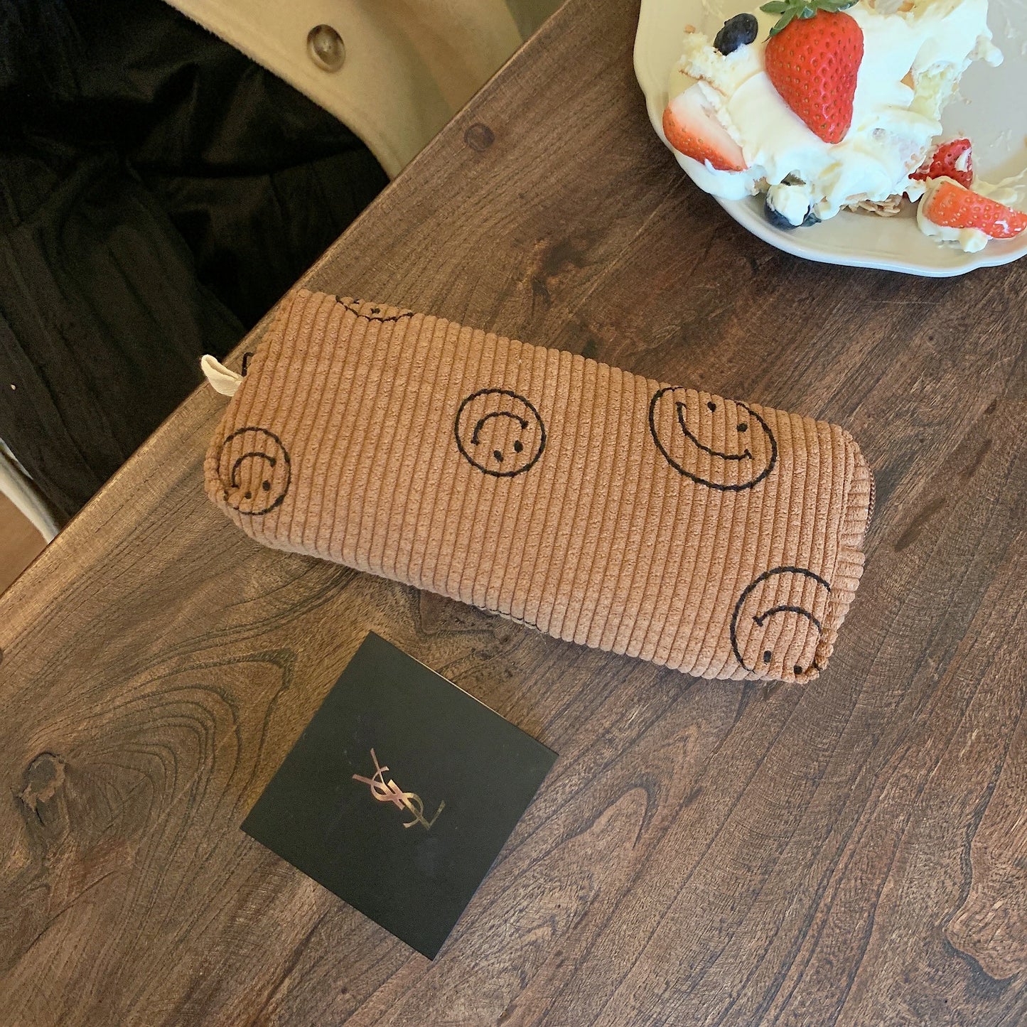 Cute Smiley Face Classic Dots Corduroy Makeup Bag, Cosmetic Organizer, Makeup Toiletry Organizer, Travel Pouch, Cute Pencil Case