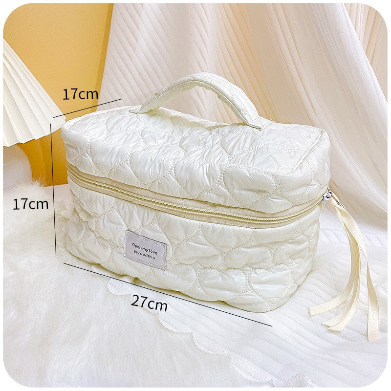 Cute Pink White Love Hearts Soft Quilted cotton Bridesmaid Makeup Bag, Large Capacity Makeup Bag