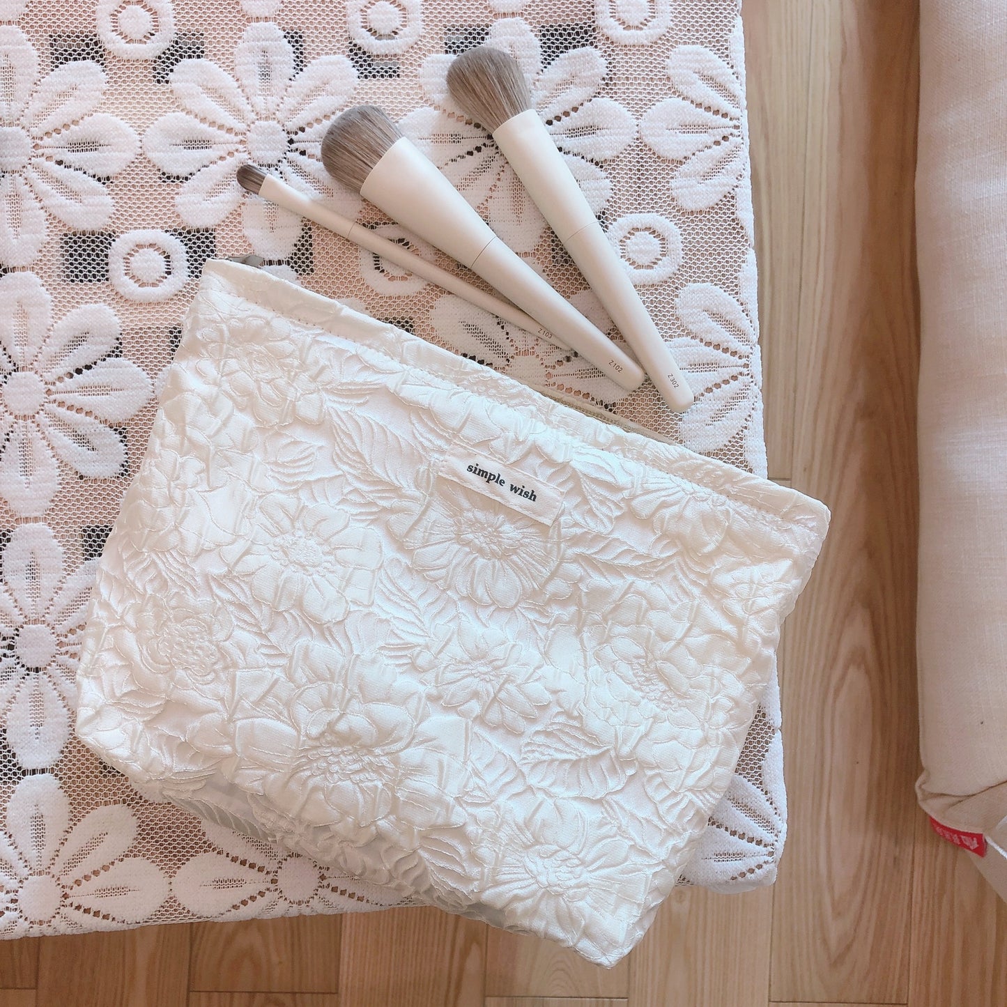Classic Elegant Pink White Floral Jacquard Makeup Bag, Cosmetic Bag, Makeup Brush Bag