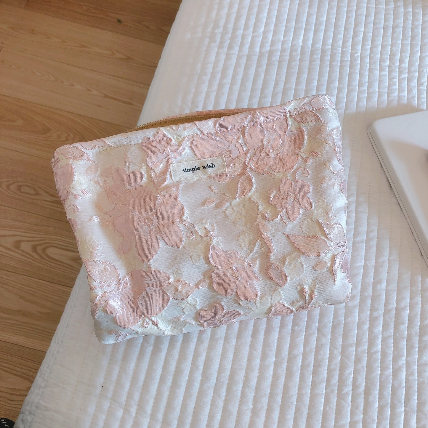 Classic Elegant Pink White Floral Jacquard Makeup Bag, Cosmetic Bag, Makeup Brush Bag