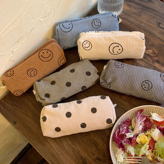 Cute Smiley Face Classic Dots Corduroy Makeup Bag, Cosmetic Organizer, Makeup Toiletry Organizer, Travel Pouch, Cute Pencil Case