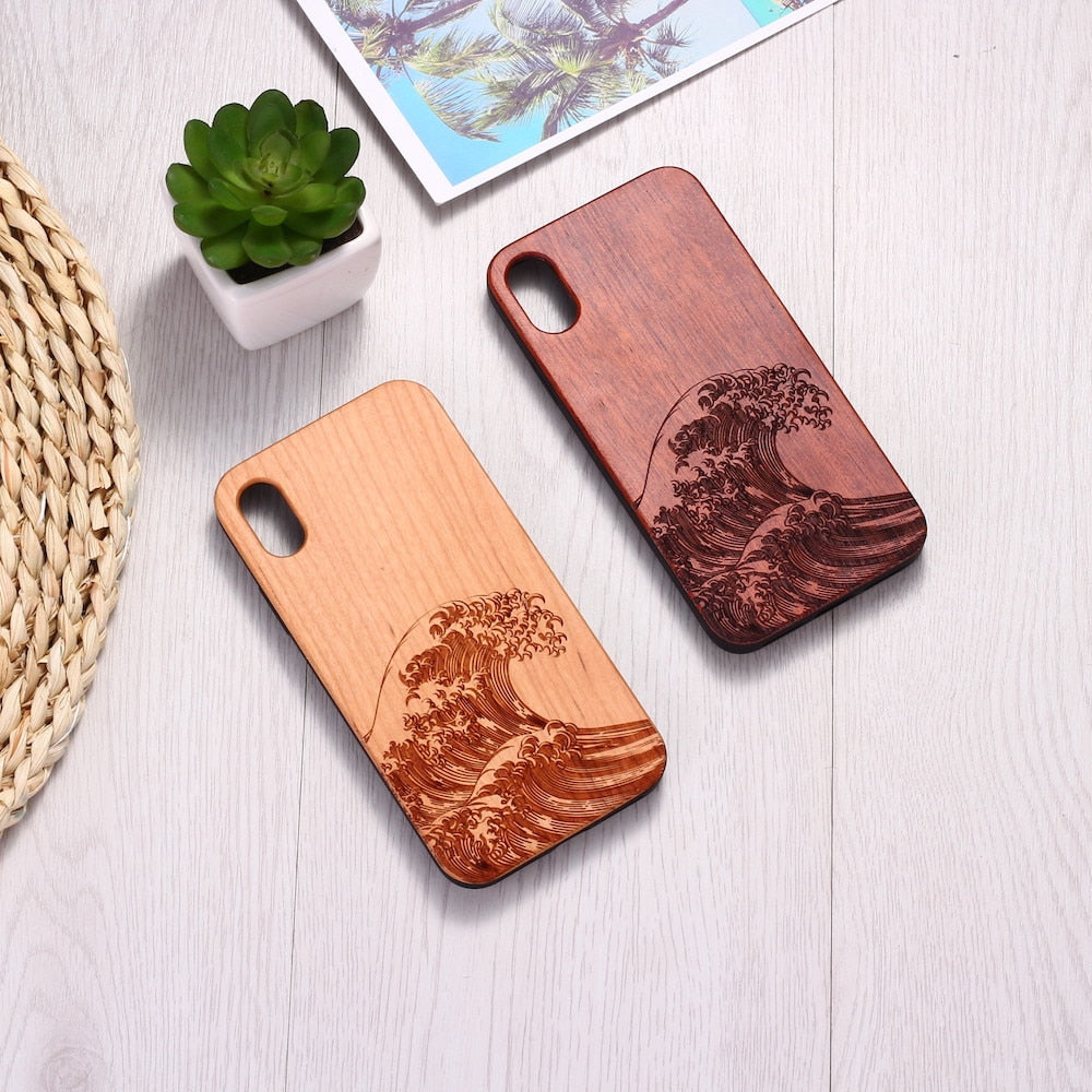 The Great Wave Engraved Wood Texture iPhone 14 13 12 11 Phone Case