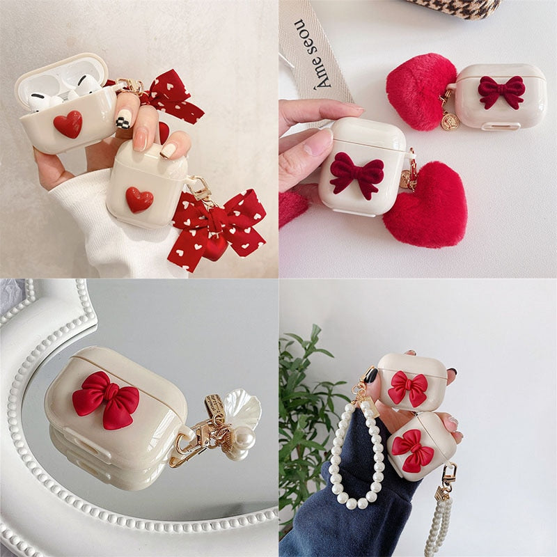 Vintage Red Love Heart Keychain For apple airpods 1 2 3 Pro Case Cover
