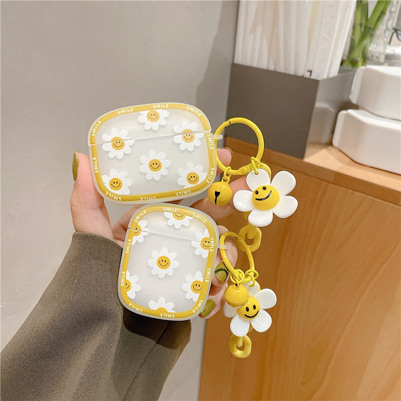 Korean Flower Cute Daisy Pendant Keyring Headphone Case for Air Pods 12 3 Soft Earphone Cover