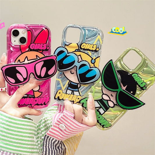 Cute Powerpuff Girls Glasses Holder Case For iPhone 14-7/8/SE 2020 Clear Soft Silicone Cover