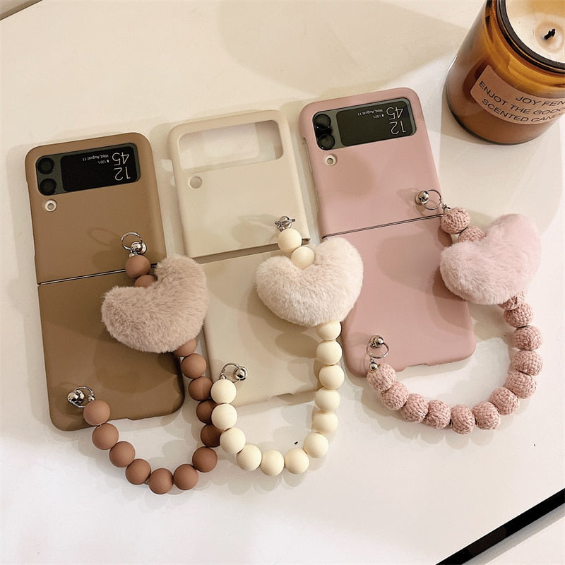 Solid Samsung Galaxy Z Flip 3 4 Hard Cover Cute Plush Love Heart Chain Cases
