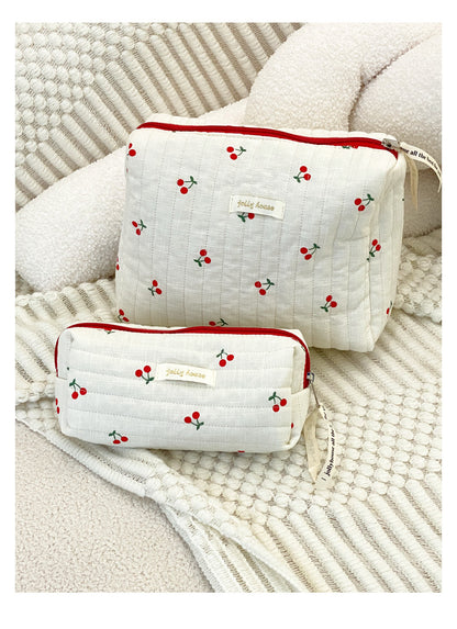 Cute White And Red Cherry Quilted cotton Large Makeup Bag