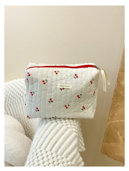 Cute White And Red Cherry Quilted cotton Large Makeup Bag